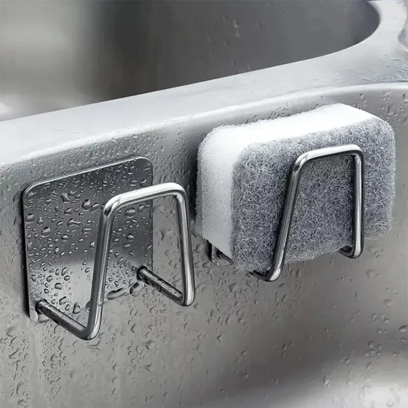 2PCS Stainless Steel Sink Sponge Holder Self Adhesive Drain Drying Rack Wall Hooks Accessories Storage Organizer