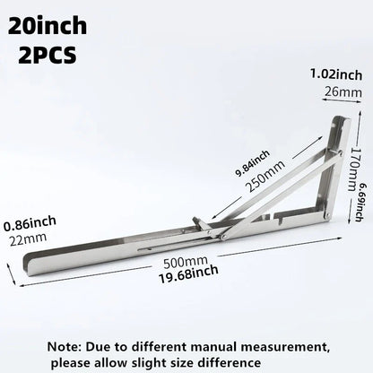 2Pcs Triangle Folding Angle Shelf Bracket Heavy Duty Stainless Steel Collapsible Shelf Bracket for Table Work Bench Wall Mounted