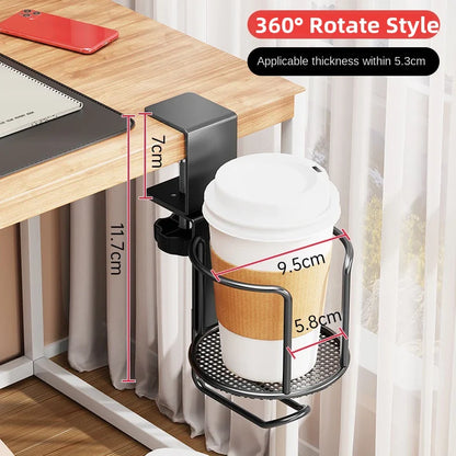 2 in 1 No Drill Desk Cup Holder Adjustable Upgraded Arm Clamp Stand 360 Degree Rotating Table Edge Clamp Anti-Fall Cup Holder
