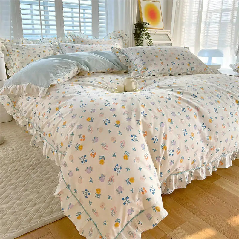 Bonenjoy Pink Color Duvet Cover with Ruffles 100%Cotton Flower Printed housse de couette for Girls Pure Cotton Bed Cover King