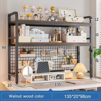 Bookcase With Grid Bookshelf Desktop Multi-layer Wrought Iron Shelf Student Computer Desk Table Hole Board Table Wooden Shelves