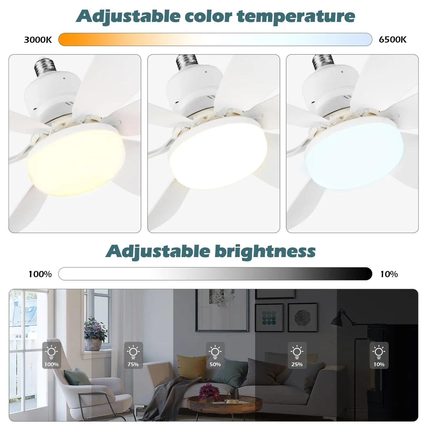 LED 30W ceiling fan light E27 with remote control for dimming, suitable for living room, study, household use, 85-265V