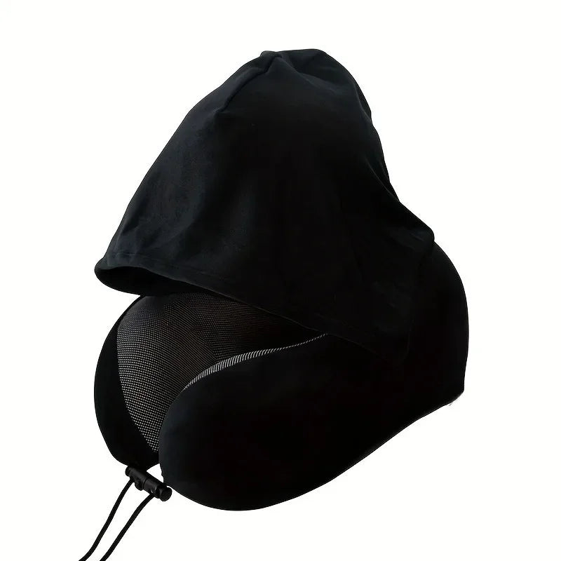 Memory Foam Hooded U-Shaped Travel Pillow with Detachable Cover Portable Neck Support for Airplane Office Nap Car and Home Use