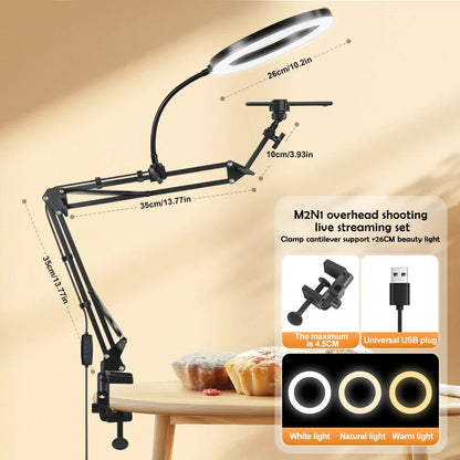 LED USB Fill Light with Phone Live Streaming Stand Flexible Gooseneck Circular Fill Light for Phone Live Streaming Clamp or Base