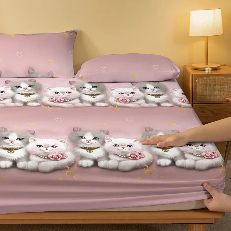 1 Cartoon Cute animal Cat printed matte Fitted Sheet, bedroom printed bed cover, bedding (excluding pillowcases)
