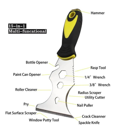 15 in 1 Multi Use Putty Knife Stainless Steel Paint Scraper Removal Construction Tool for Wallpaper Can Opener Home DIY