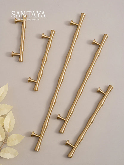 Santaya Solid Brushed Brass Handle Bamboo Kitchen Cabinet Pull Wardrobe Drawer Knob