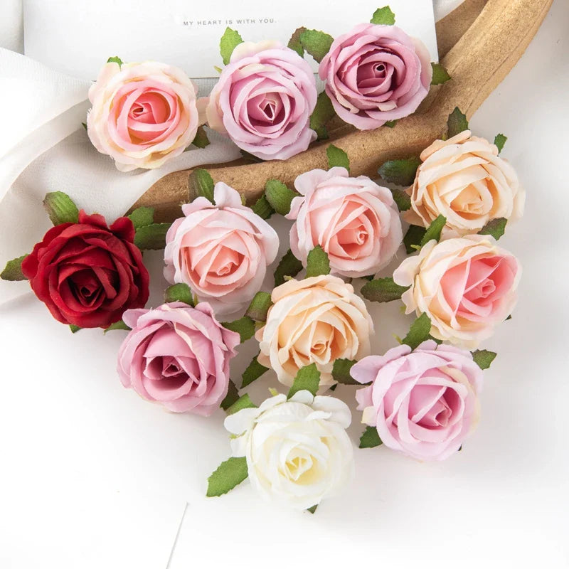 100PCS Artificial Flowers Diy Candy Box Cake Home Decor Christmas Decorative Wreaths Wedding Party Garden Roses Arch Silk Fake