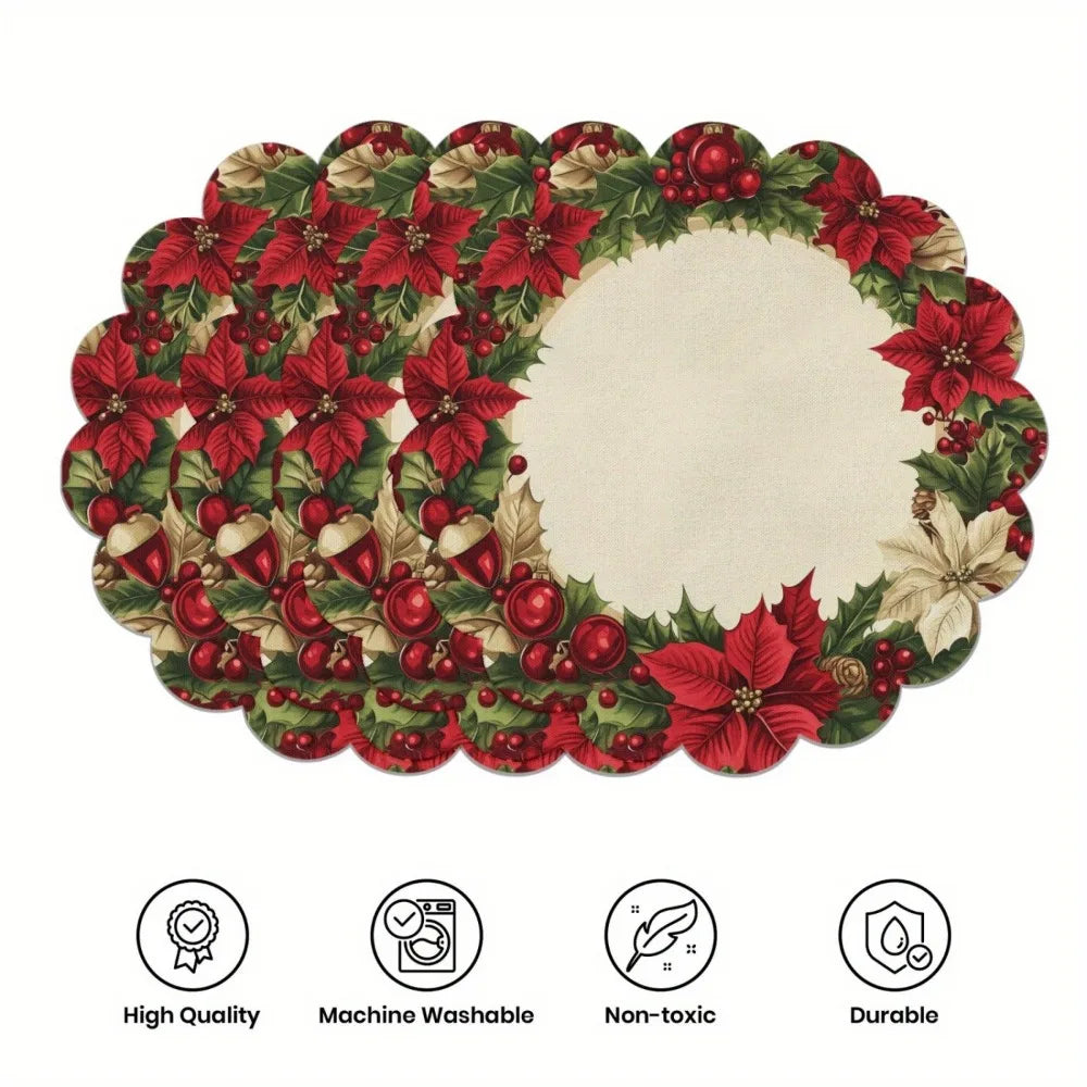 4PCS Christmas Circular Waves Placemats Non Slip Heat Resistant Table Mats Winter Dining Party Christmas Decor Round Tablecloth