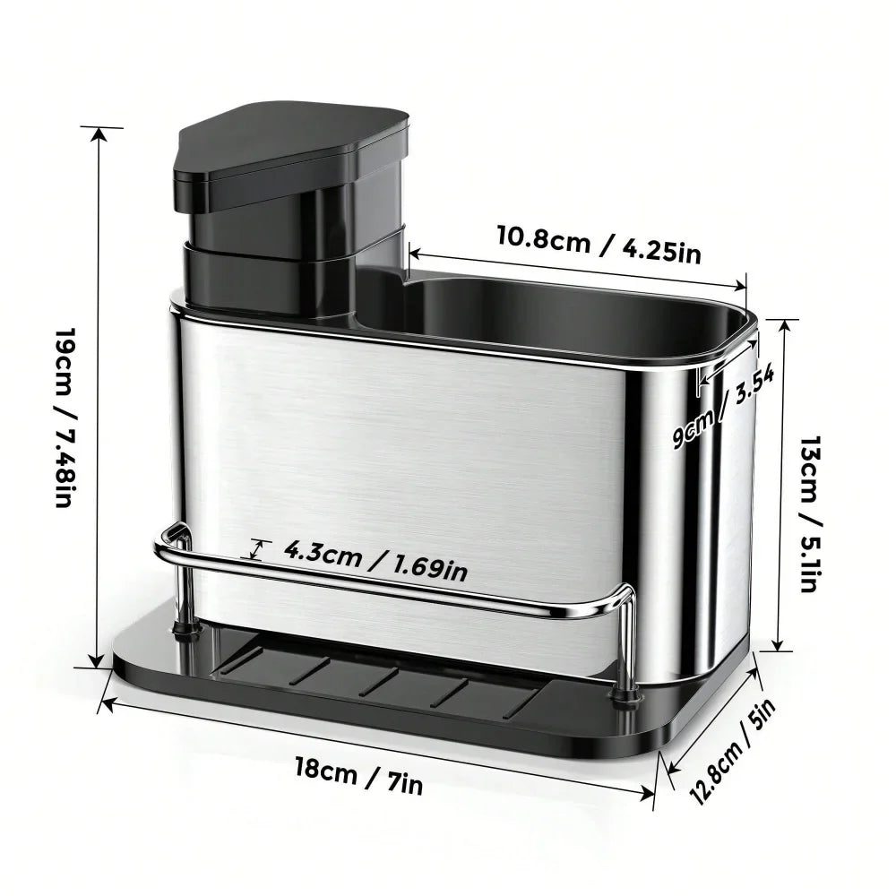 3-in-1 Kitchen Stainless Steel Tableware Soap Dispenser, Sponge Holder, Sink Organizer Drain Rack, Suitable for Kitchen Sinks
