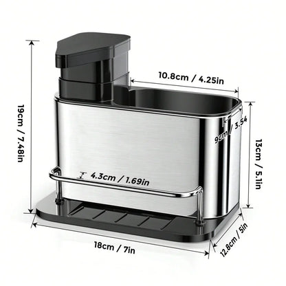 3-in-1 Kitchen Stainless Steel Tableware Soap Dispenser, Sponge Holder, Sink Organizer Drain Rack, Suitable for Kitchen Sinks