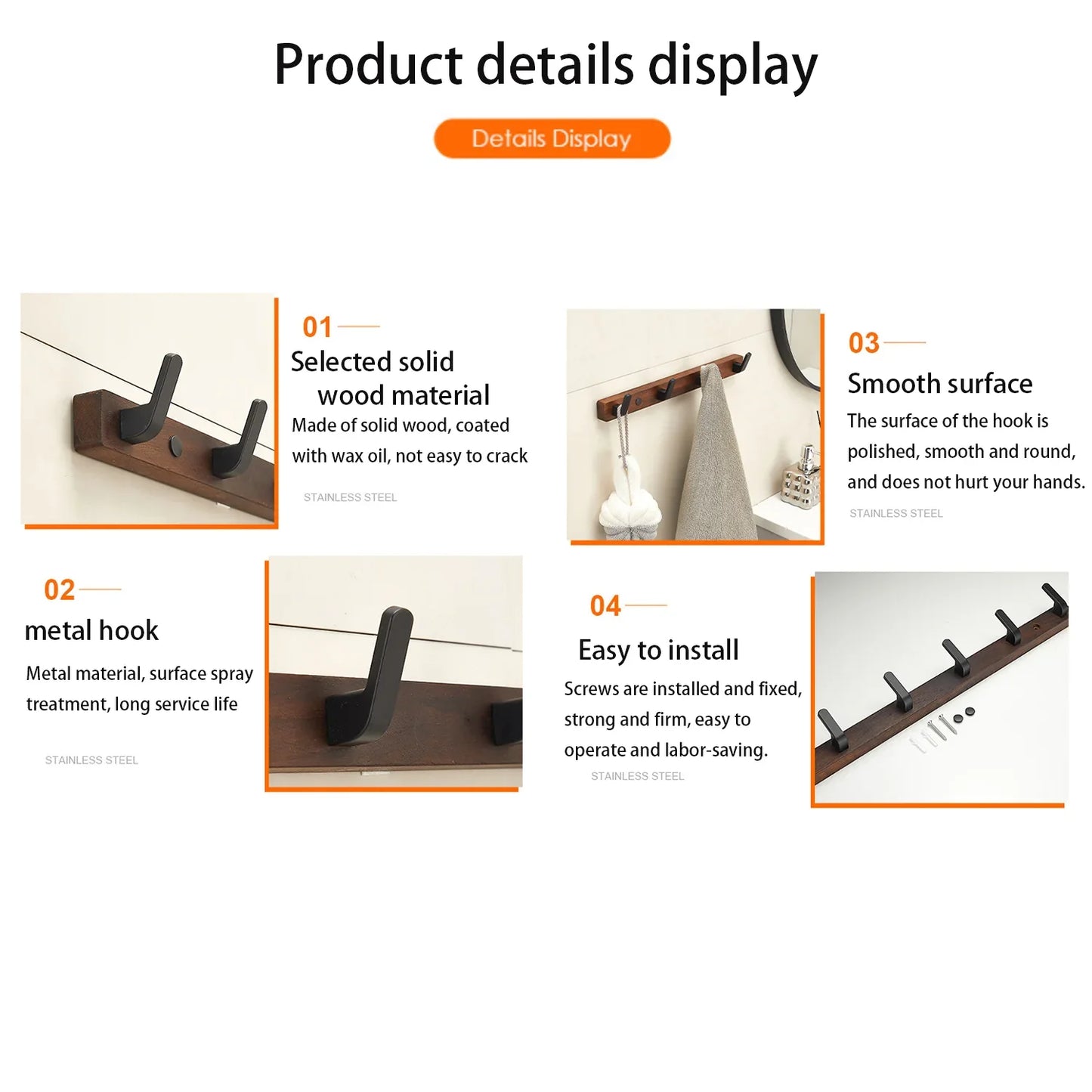 Coat Rack Wall Mount shelf Entryway Wall Hanger for Towels Wooden Coat Hooks Hook Storage Rack  for Bedroom Bathroom Kitchen