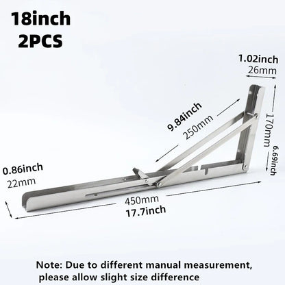 2Pcs Triangle Folding Angle Shelf Bracket Heavy Duty Stainless Steel Collapsible Shelf Bracket for Table Work Bench Wall Mounted