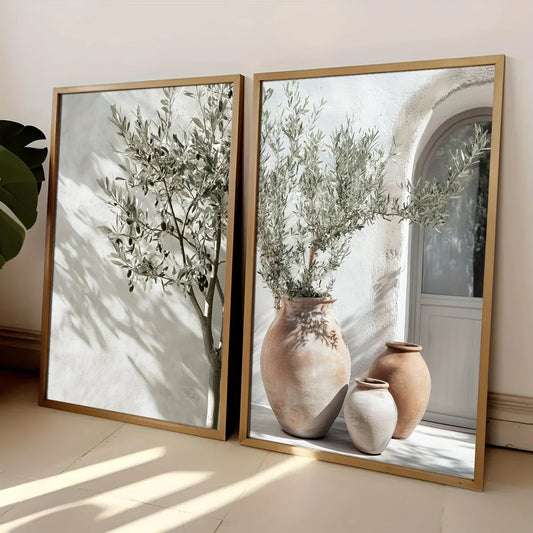 2pcs/set Neutral Olive Tree Shadow Vase Canvas Print Poster Retro Botanical Landscape Art Print Home Decor Art Poster Gifts