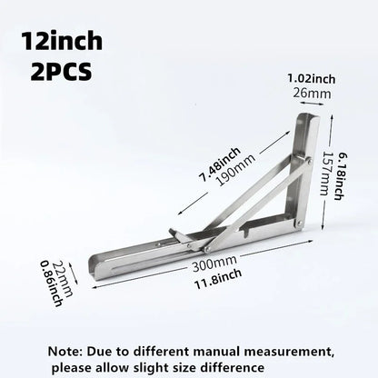 2PCS Heavy Duty Triangle Folding Angle Shelf Bracket Stainless Steel Collapsible Shelf Bracket for Table Work Bench Wall Mounted
