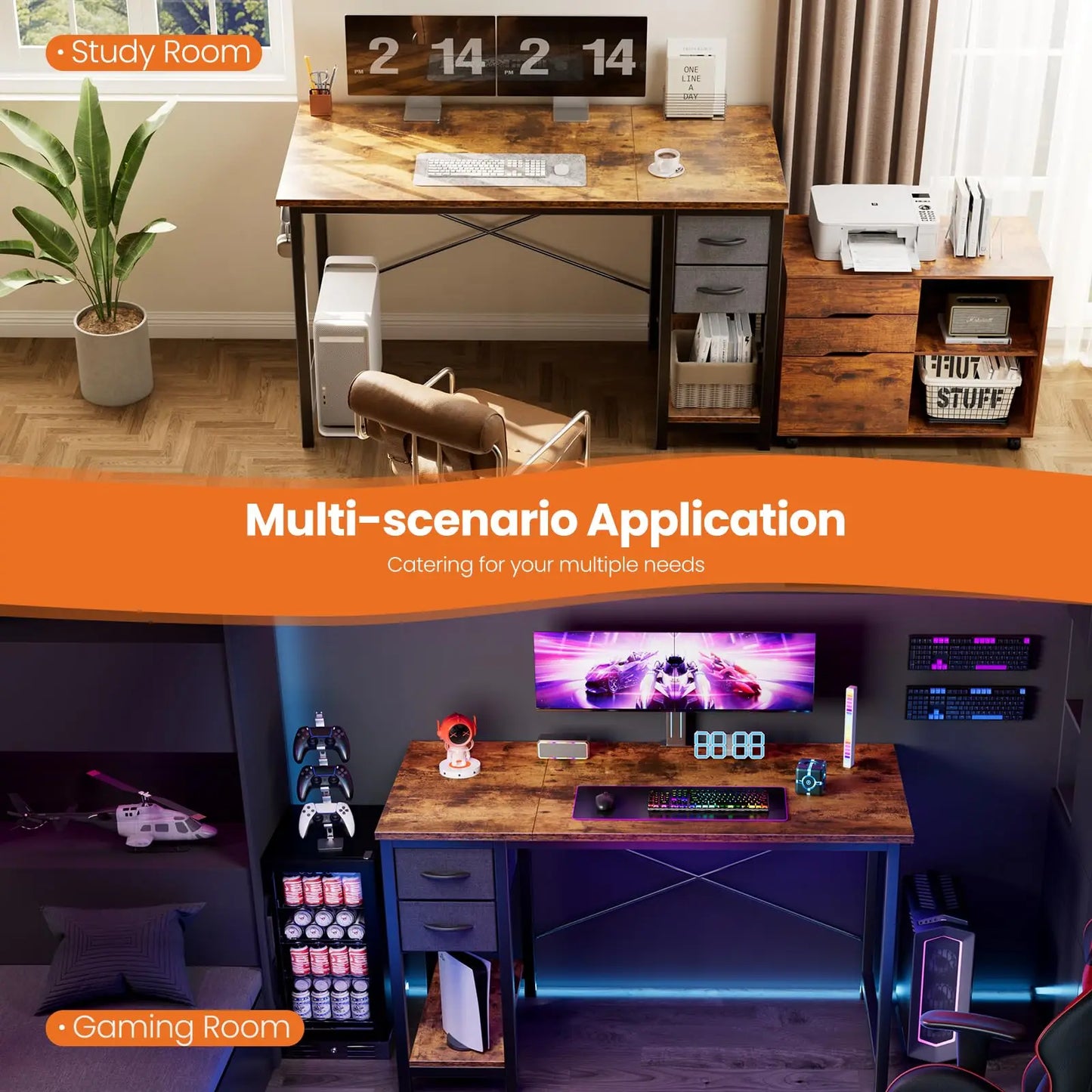 JHK 47IN Computer Desk with 2 Drawers For Study Office Gaming Wood Table with Adjustable Position Drawers Modern Work Table