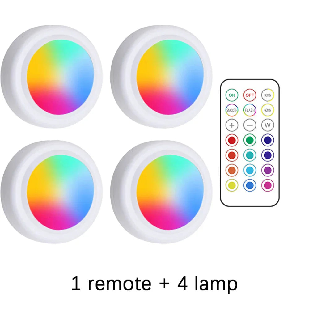 RGB Color Under Cabinet Lights Wireless Battery LED Lights Remote Control Dimmable Wardrobe Night Lamp For Bedroom Kitchen