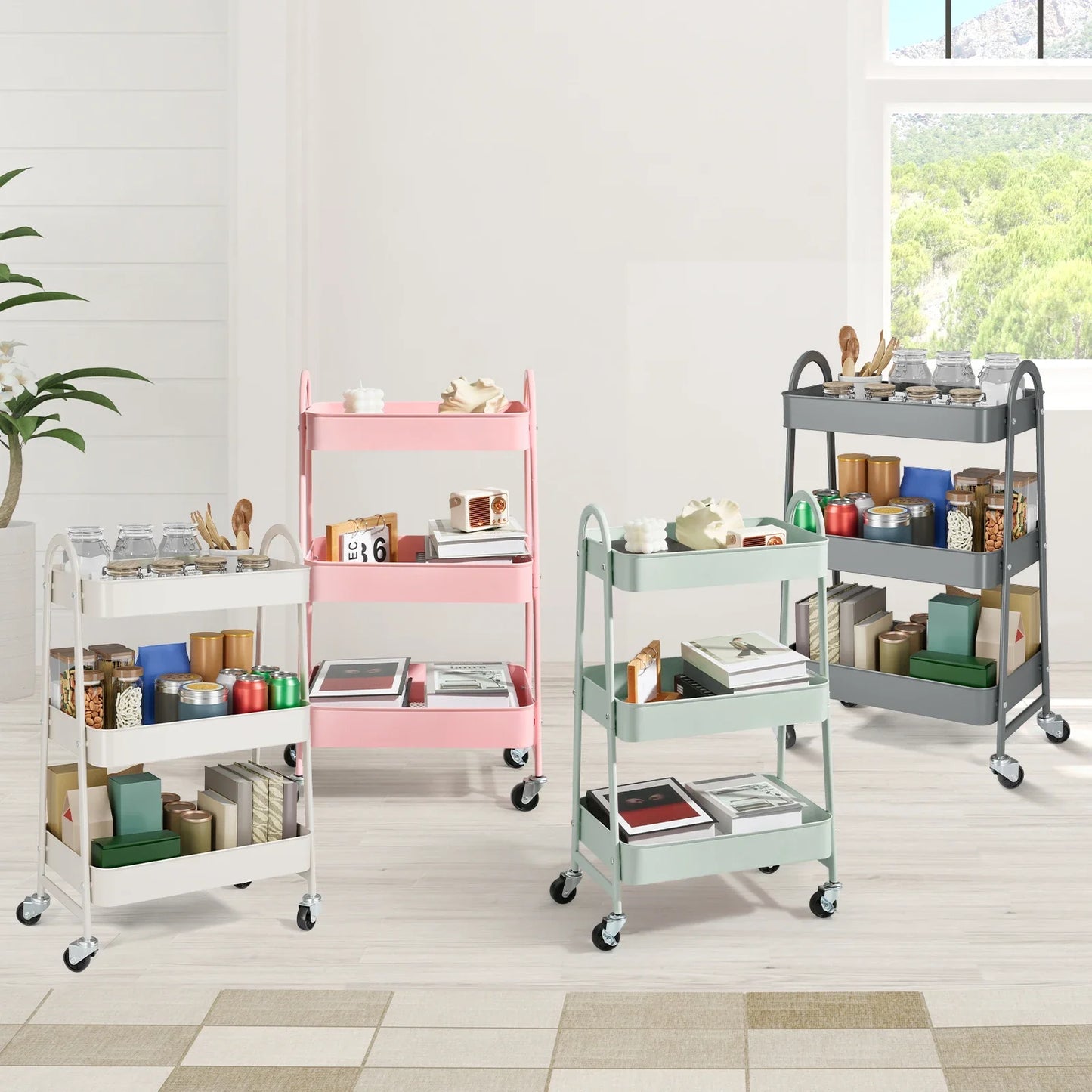 JHK 3 Tier Metal Storage Kitchen Cart with Lockable Wheels Mobile Shelving Unit Utility Rolling Organizer For Home Narrow Places