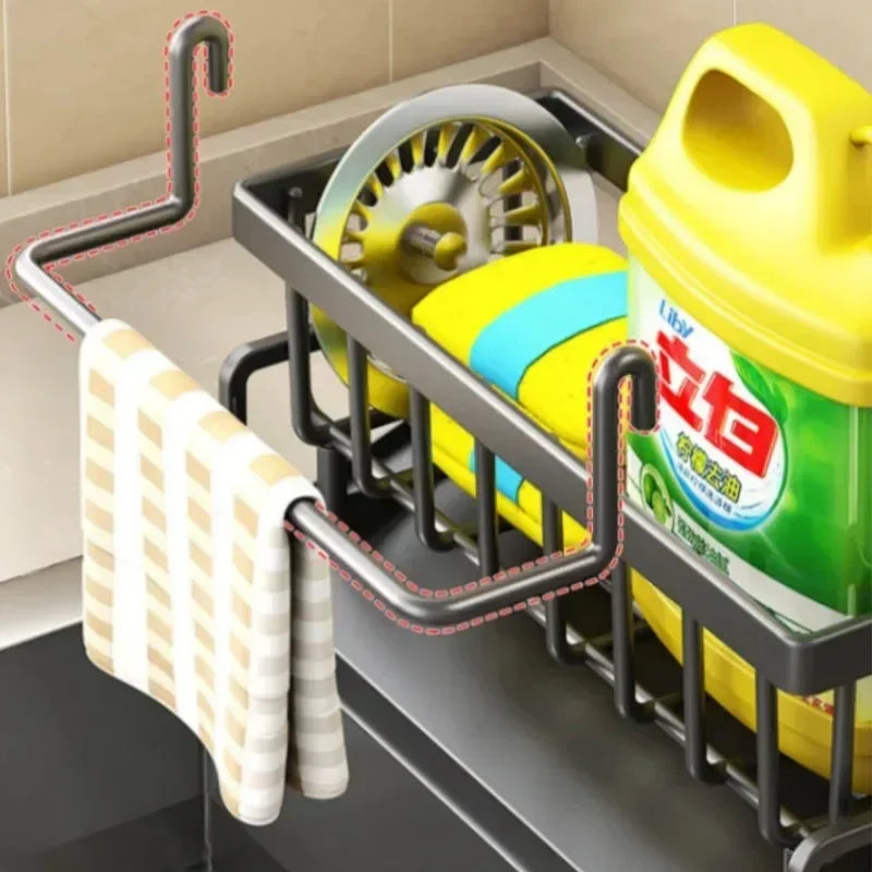 1Pc Multifunctional Plastic Kitchen Shelf Rag Storage Drainage Shelf,No-Punch Adhesive Spice Rack,Sink Tap Drain Rack with Hooks