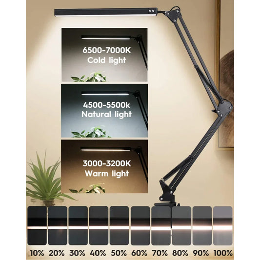 10W LED Desk Lamp with Clamp Swing Arm Eye-Caring Dimmable Desk Light 10 Brightness Levels 3 Modes USB Charging