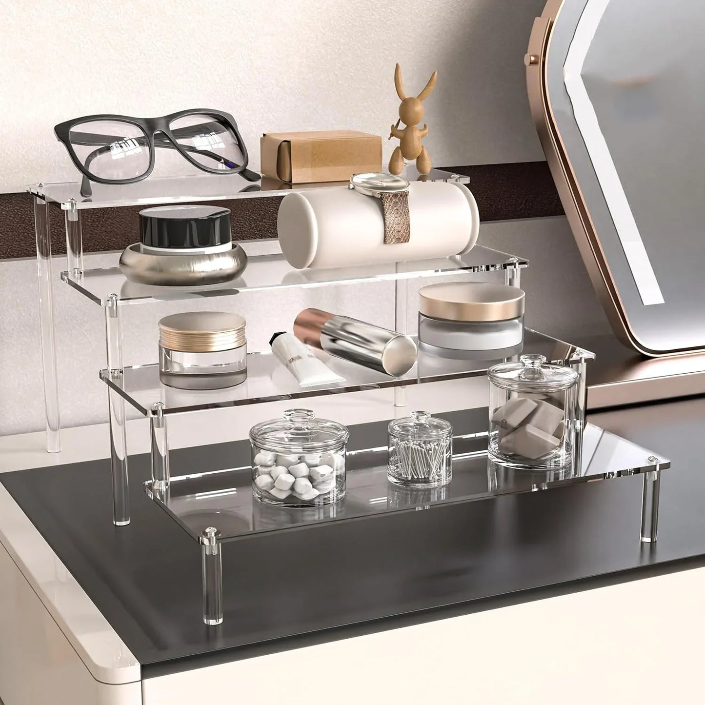 Transparent Acrylic Display Stand Pottery Storage Rack - Doll Clay Figurine Ladder Shelf for Makeup Organization Home Store