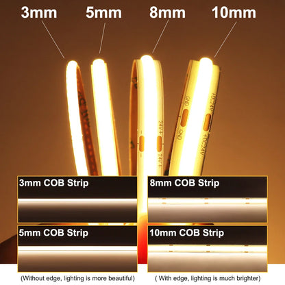 3mm 5mm 8mm COB LED Strip 12V 24V Dimmable Tape LED Ice Blue Yellow Red Green Pink White For Home Decor RA90 LED Strip Lighting