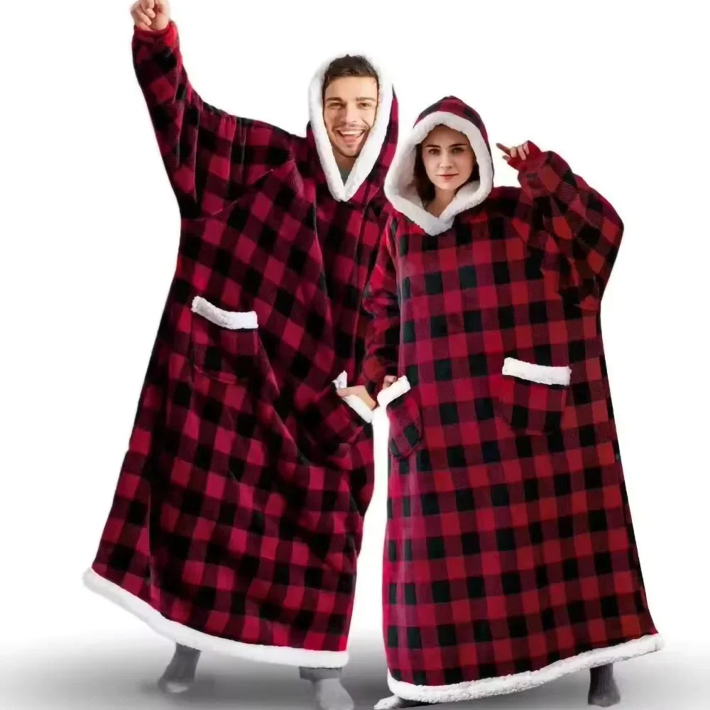 150/180cm Winter Thick Blanket Extra Plush Hoodie Lengthened Large Pocket Imitation Cashmere Home Coat Fleece TV Blanket 1pc