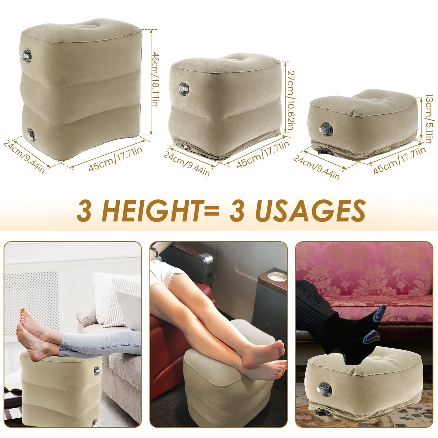 Inflatable Footrest Pillow PVC Flight Sleeping Footrest Rest Pillow 3 Layer Height Adjustable Car Bus Travel Foot Rest Pillow