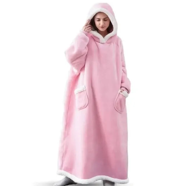 180cm Super Long Flannel Blanket Pyjamas with Sleeves Winter Hoodies Sweatshirt Women Men Pullover Fleece Giant Oversized Outdoo