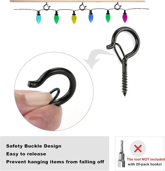 20 Pack Screw Hooks for Hanging Plants / String Lights, Heavy Duty 2.2 Inch Black Eye Hook Screw Cup Ceiling Hook Q-Hanger