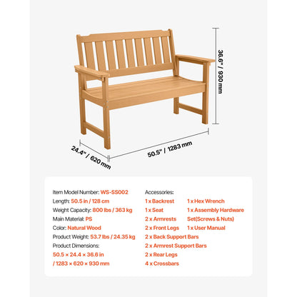 SucceBuy Outdoor Bench Wooden Metal Garden Bench for Outdoors 480 lbs Load Capacity Bench Outdoor Garden Park Bench