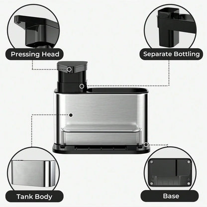 3-in-1 Kitchen Stainless Steel Tableware Soap Dispenser, Sponge Holder, Sink Organizer Drain Rack, Suitable for Kitchen Sinks