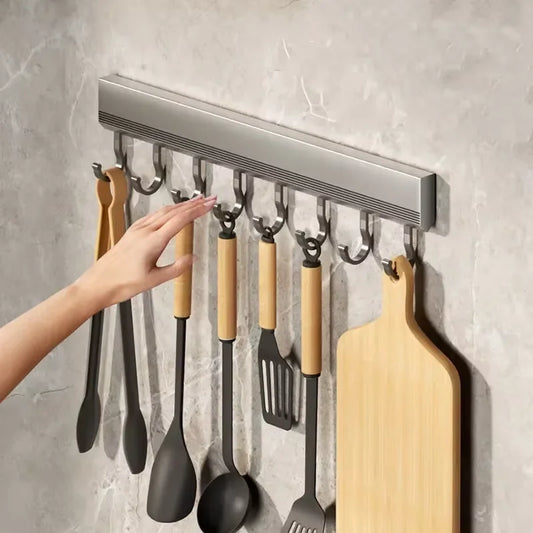 Kitchen HookRack - Wall-Mounted Without Drilling - Space Aluminum Multi-Functional Storage Hooks