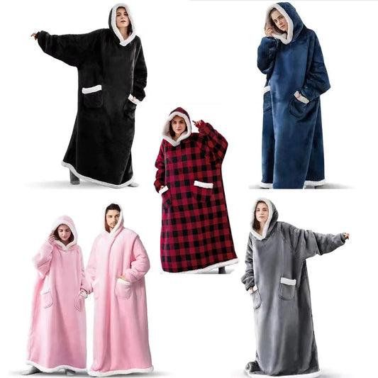 150/180cm Winter Thick Blanket Extra Plush Hoodie Lengthened Large Pocket Imitation Cashmere Home Coat Fleece TV Blanket 1pc