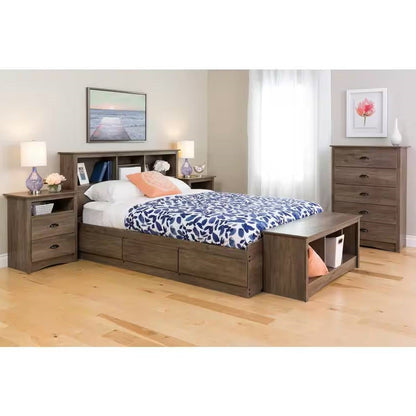 Full / Queen size Freestanding Bookcase Headboard in Grey Brown Wood Finish