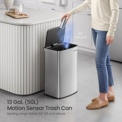 13-Gallon Stainless Steel Kitchen Trash Can with Hand Wave Motion Sensor Lid
