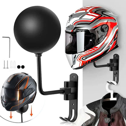 Wall Mount Motorcycle Helmet Holder 180°Rotation Football Bicycle Helmet Rack Helmet Display Hanger Stand for Caps With 2 Hooks