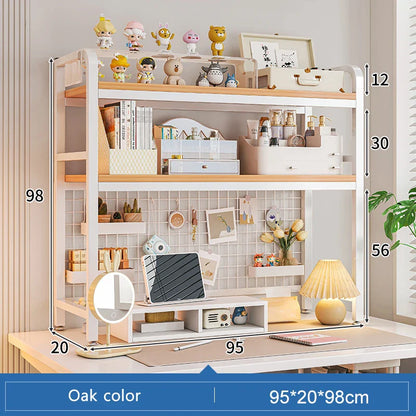 Bookshelf Bookcase With Grid Desktop Multi-layer Wrought Iron Shelf Student Computer Desk Table Hole Board Table Wooden Shelves