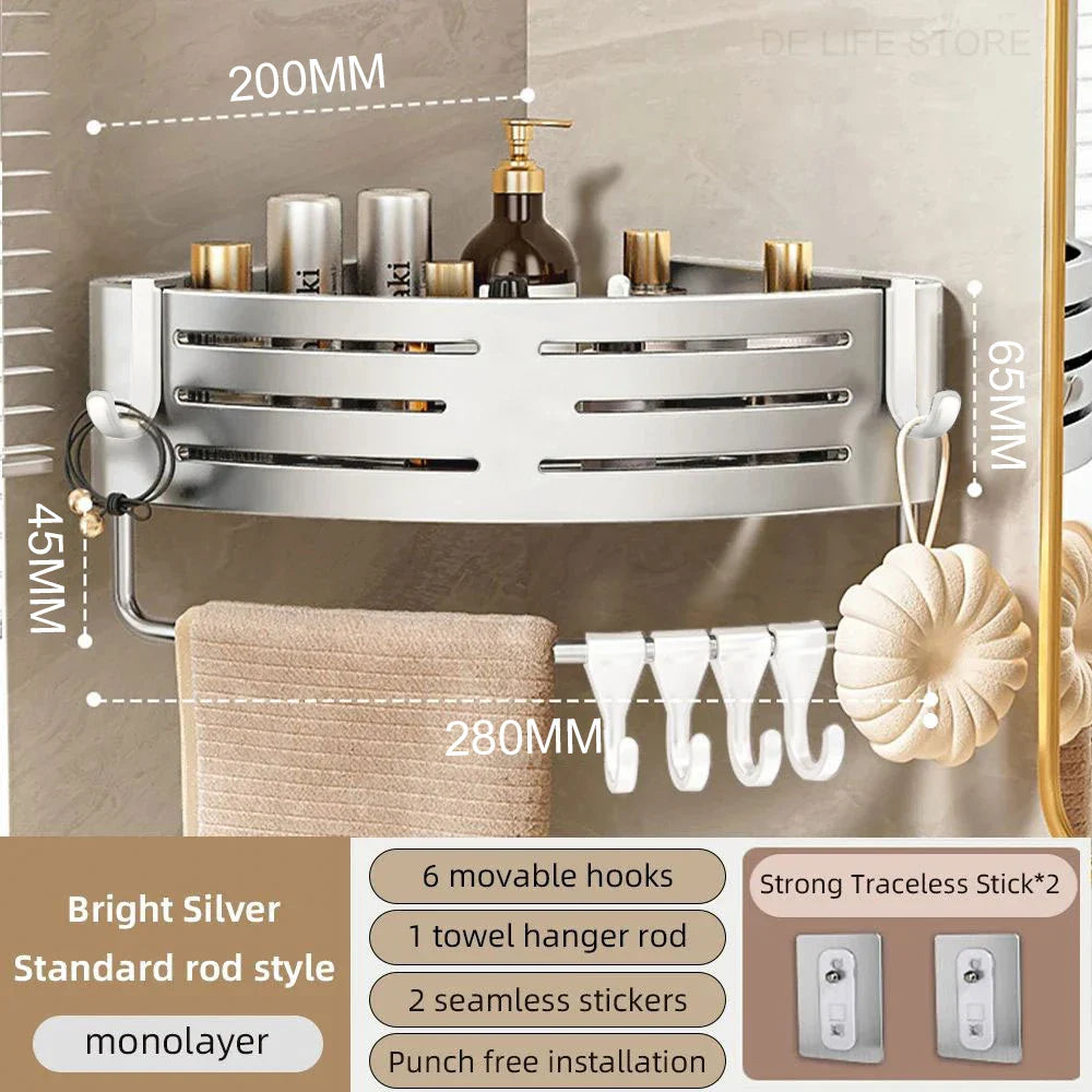 1-2PCS Bathroom Corner Shelf with Plastic Hook Towel Bar No Drill Space Aluminum Shower Storage Rack Bathroom Organizer