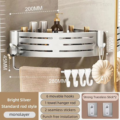 1-2PCS Bathroom Corner Shelf with Plastic Hook Towel Bar No Drill Space Aluminum Shower Storage Rack Bathroom Organizer