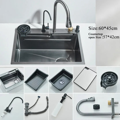 304 Stainless Steel Waterfall Kitchen Sink Large Single Slot Integrated Digital Display Faucet Set Soap Dispenser Cup Washer