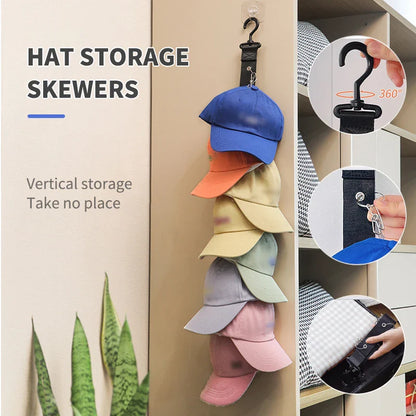 Rotating Hanging Rope Organizer - No Drill Closet Hat Rack for Dorm, Vertical Space Saver with 8 Hooks
