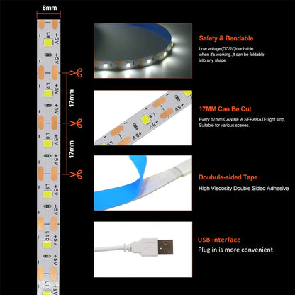 5V Black USB LED Strip Light SMD 2835 Warm White Red Yellow Blue Flexible Lighting Ribbon TV Background Tape Home Decor Lamp