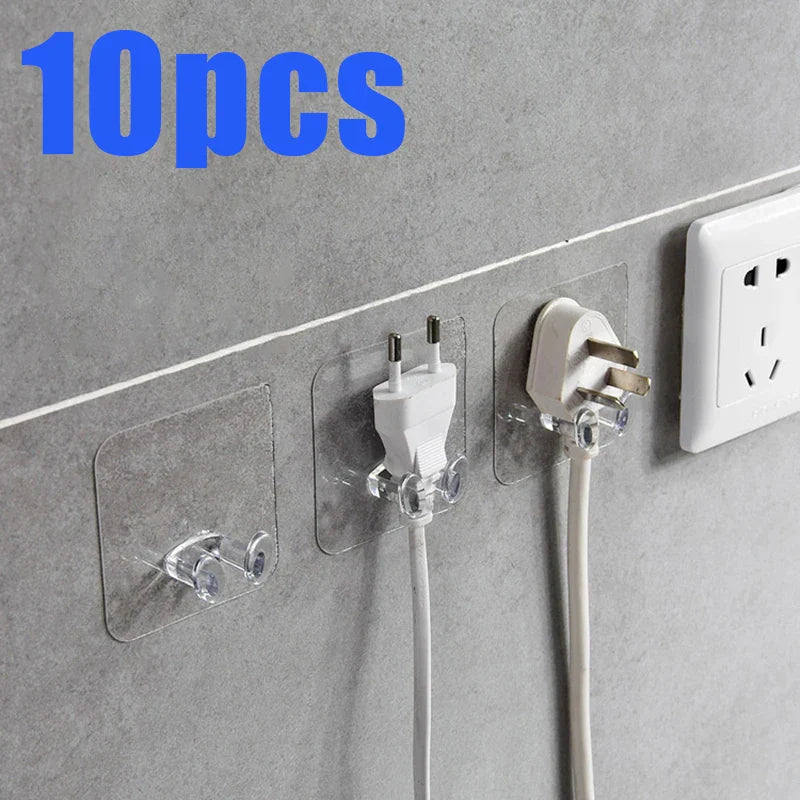20/40PCS Hook Power Plug Bracket Tidy Hanging Rack PVC Wall Hook Strong Adhesion Seamless Transparent Waterproof Kitchen Bathroo