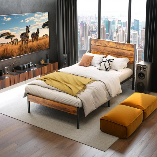 JHK Queen Size Metal Platform Bed Frame with Headboard and Footboard with 800LBS Sturdy Wooden Slats Support For Bed Room Home