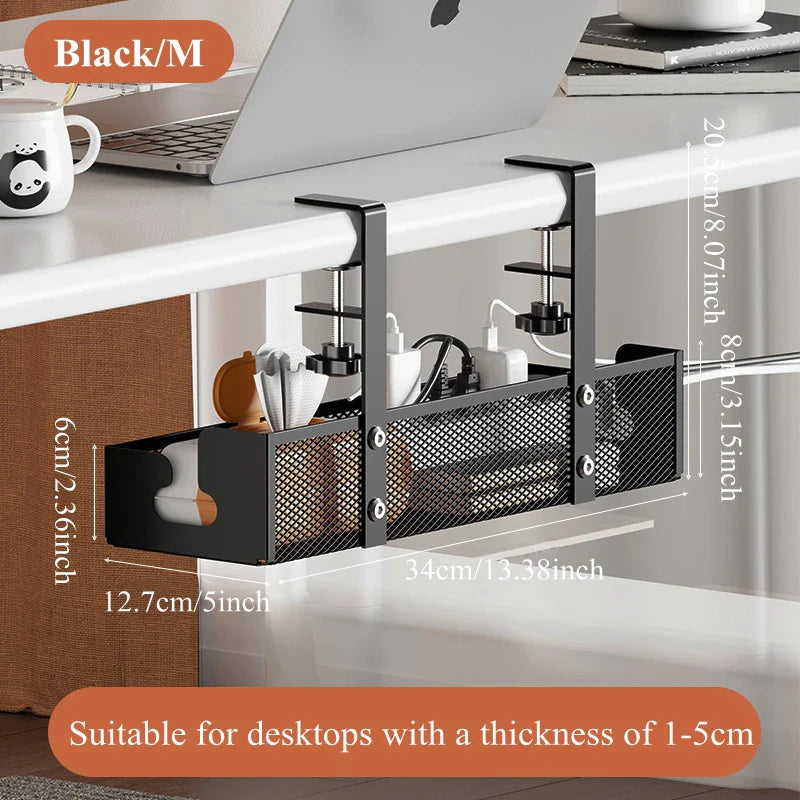 No Drilling Extendable Under Desk Cable Management Metal Cable Tray Under Desk With Clamp Retractable Power Strip Cord Holder