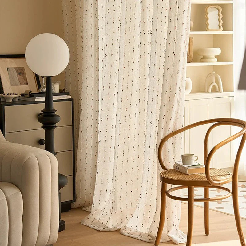 Retro linen-textured sheer curtains with colorful jelly bean pattern, easy to hang, suitable for bedroom and living room