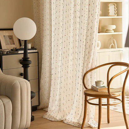 Retro linen-textured sheer curtains with colorful jelly bean pattern, easy to hang, suitable for bedroom and living room