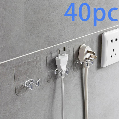 20/40PCS Hook Power Plug Bracket Tidy Hanging Rack PVC Wall Hook Strong Adhesion Seamless Transparent Waterproof Kitchen Bathroo