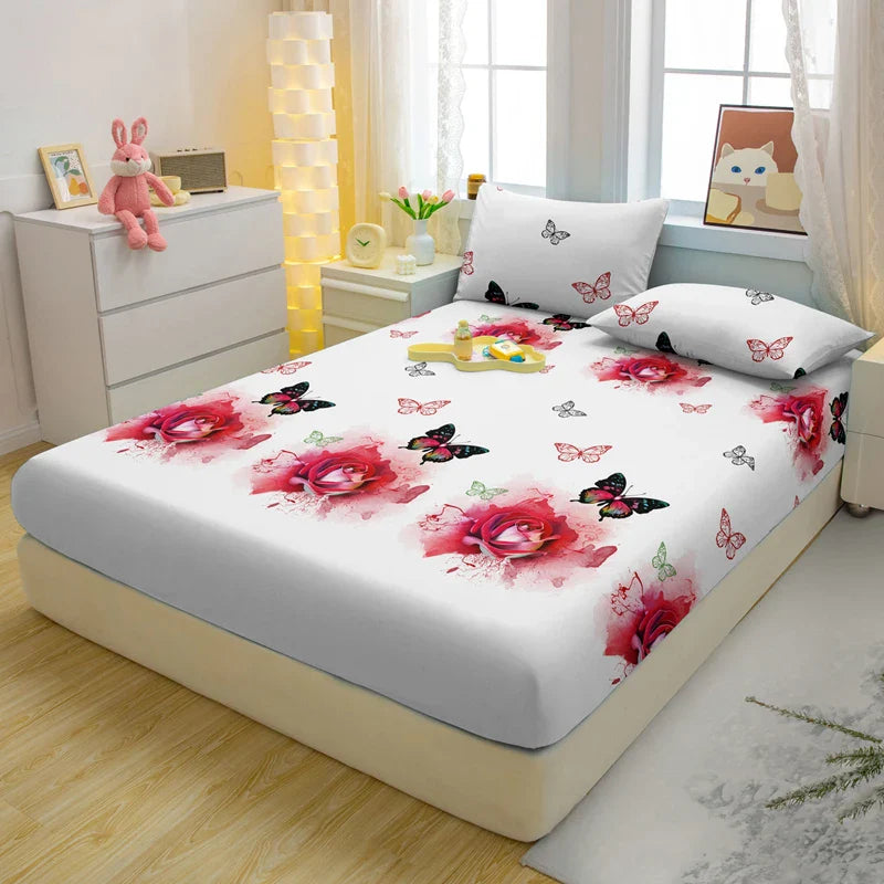 1 Simple Modern Plant Flower Butterfly Printed Matte Fitted Sheet, Bedroom Printed Bed Cover, Bedding (Excluding Pillowcases)